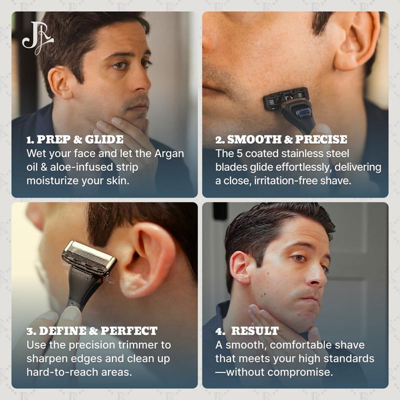 Jeremy's Razors for Men: Precision 5 Blade Razor - Stainless Steel Blades, Lubricating Strip, Precision Trimmer - Men's Shaving Kit, Travel Face Body Head Shavers (1 Razor 4 Cartridges) - Image 4